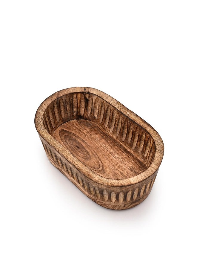 Kaizen Casa Decorative Bowl Mango Wood for Home Decor, Unique Centerpiece Bowl, with Hand Carved Vertical Stripes for Home Decor, Bathroom, Kitchen Counter, & More (10" x 6" x 2") - Image 1